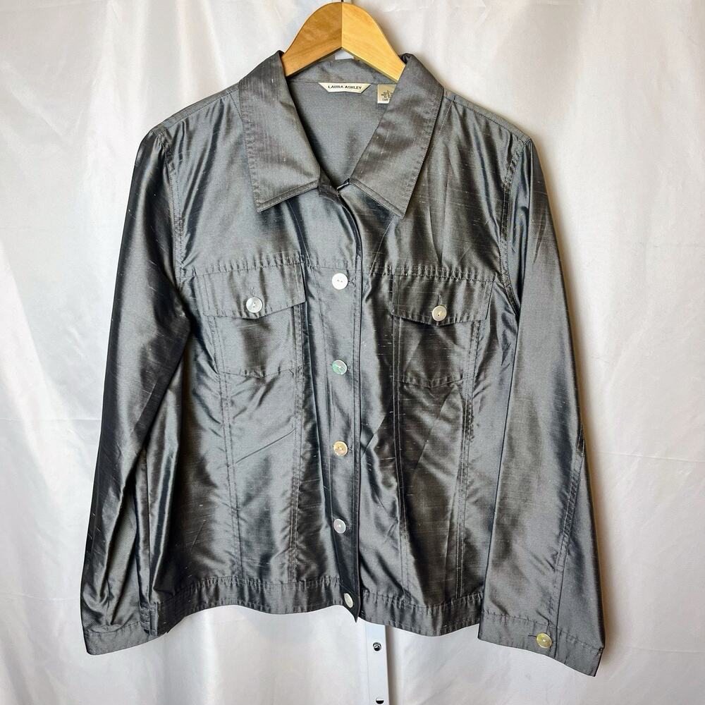 VTG 90s Laura Ashley 100% Silk Blazer Jacket Silver Textured Mother of Pearl